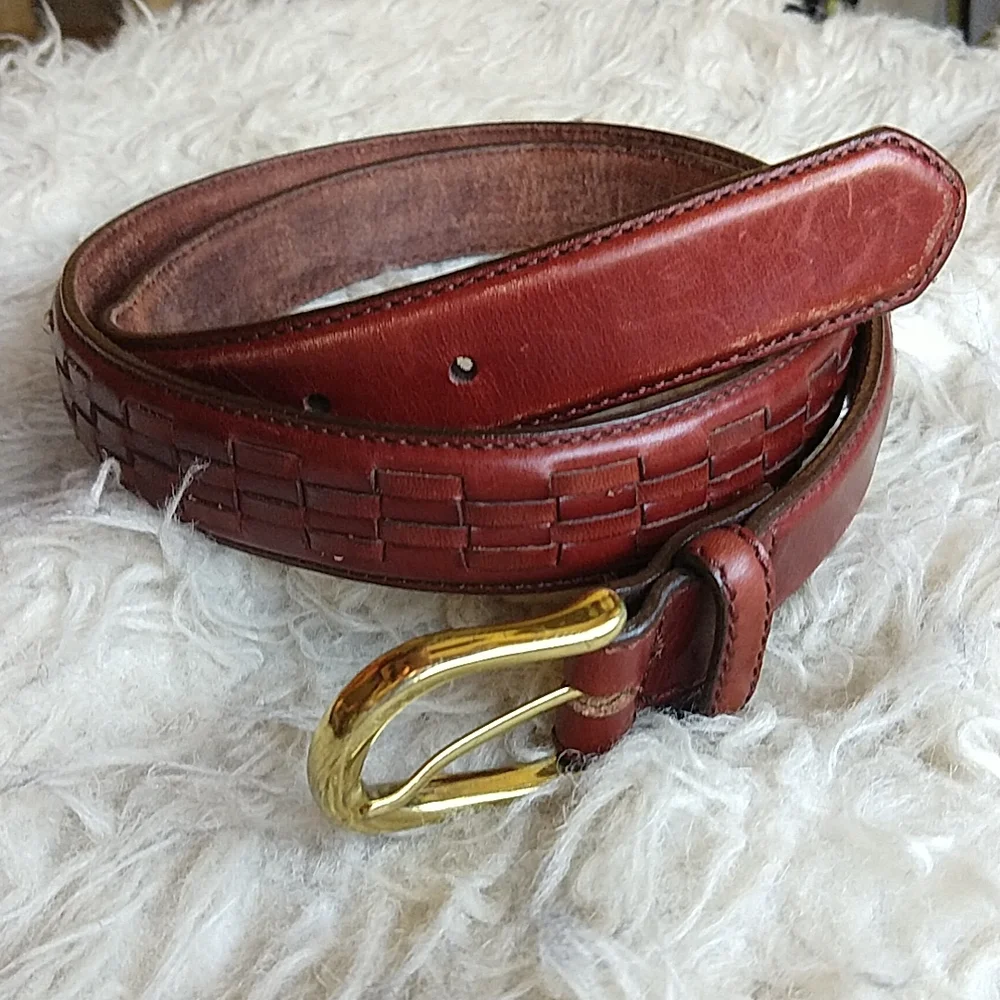 Brown Basket Weave Men's Leather Dress Belt Brass Hardware 38